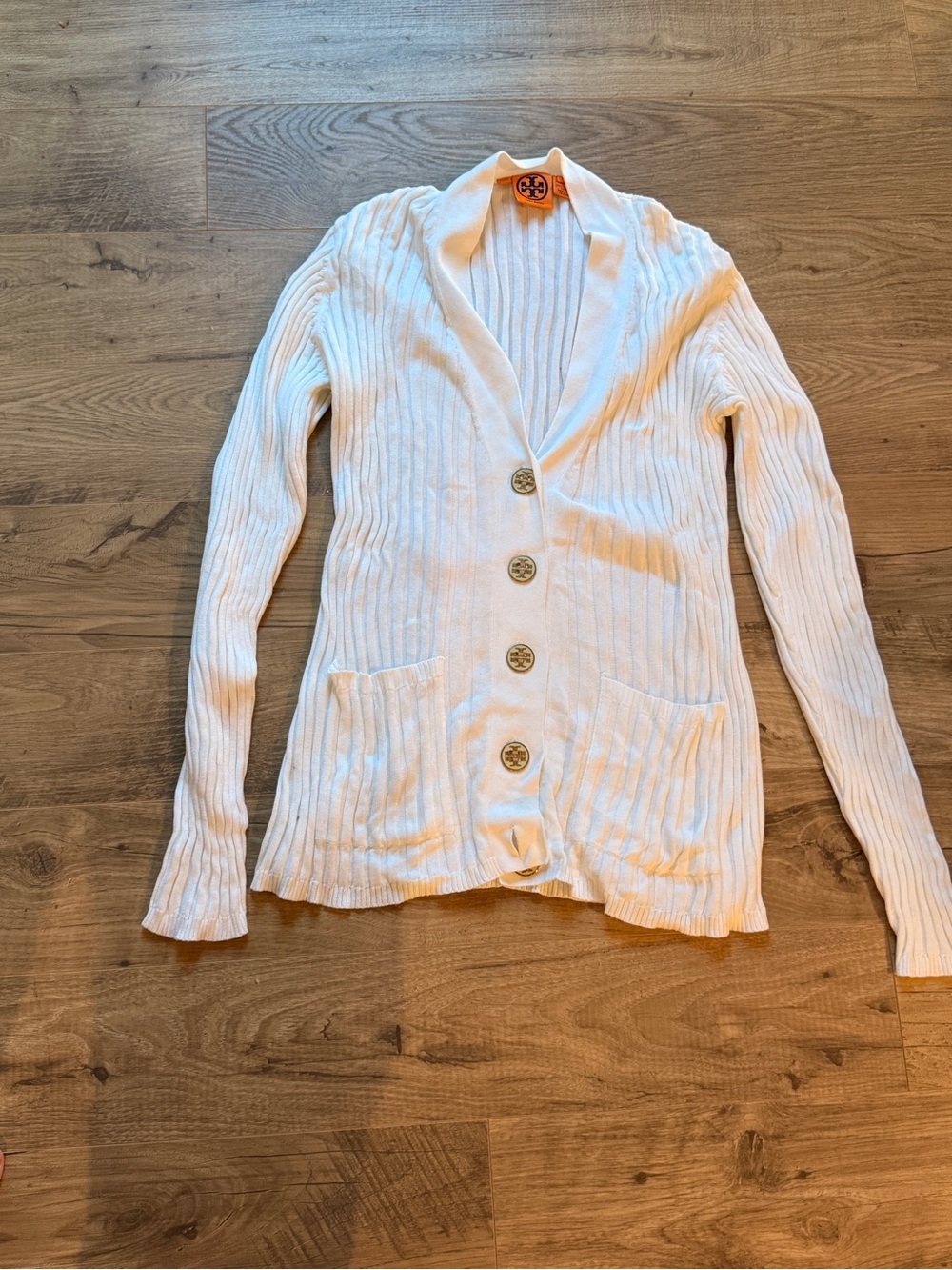 Tory Burch (Vintage) White Ribbed T button Cardigan- Size XL